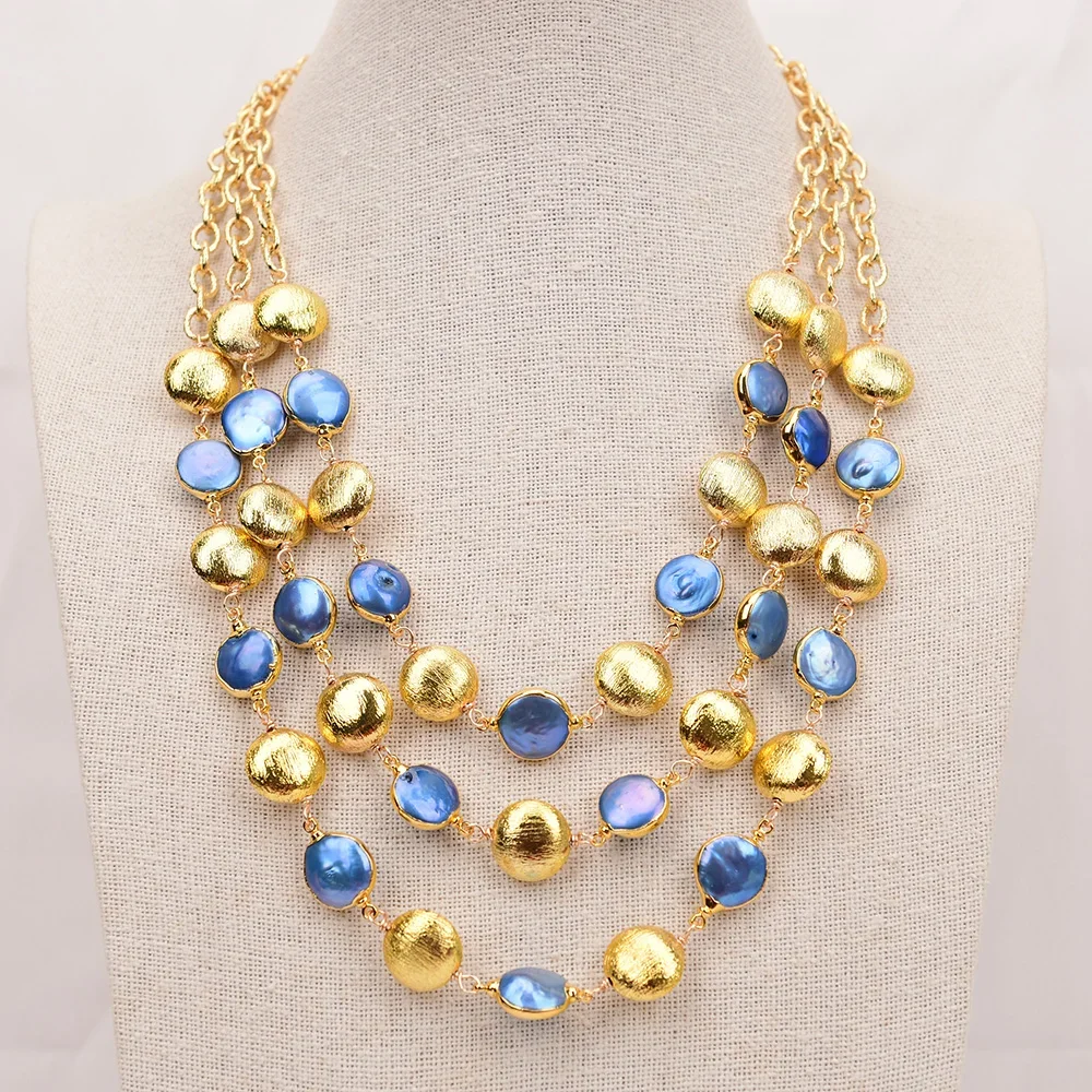 

3 Rows Cultured Blue Coin Pearl Brushed Beads Gold Color Chain Necklace Multi Strands Jewelry