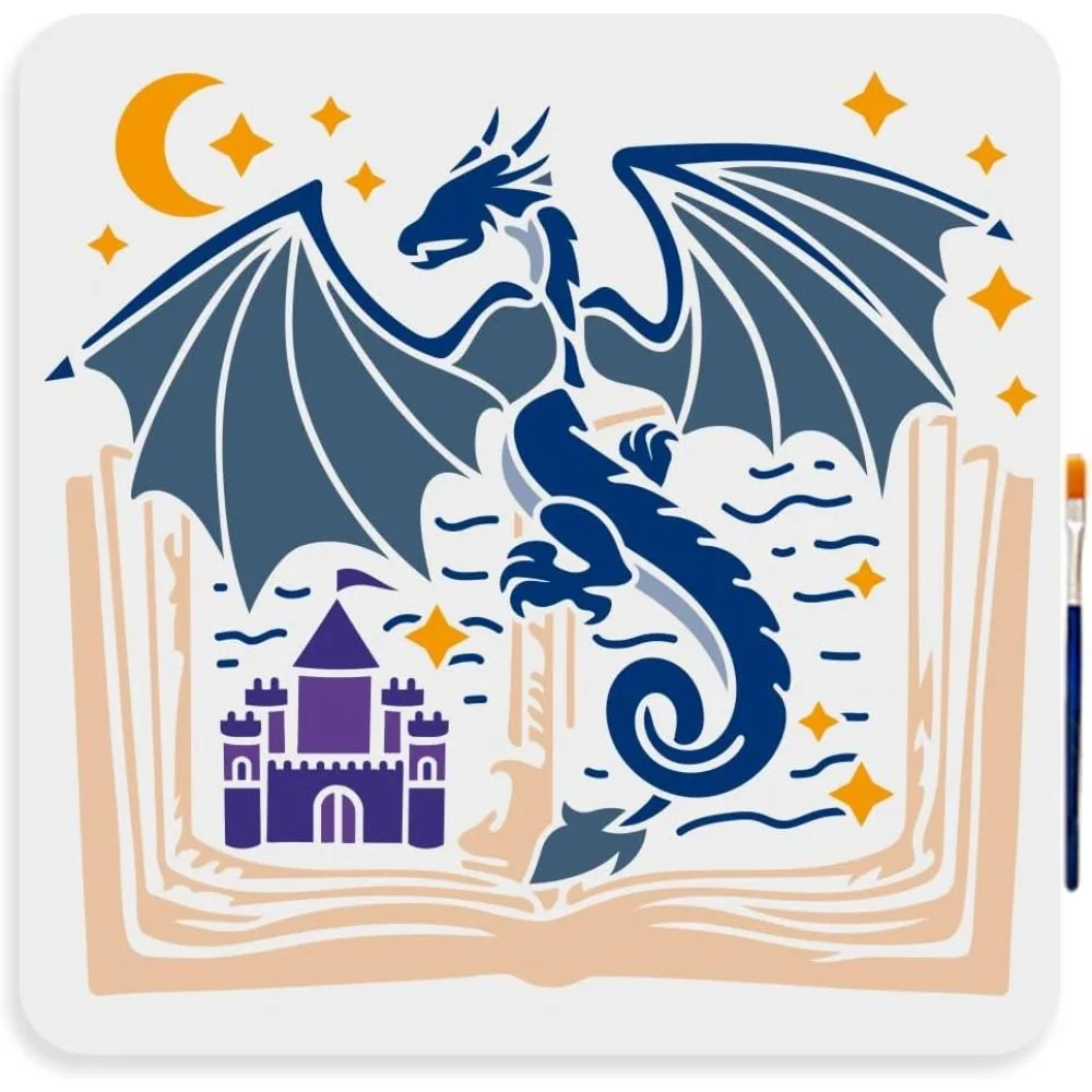 Dragon Fairy Book Stencil 11.8×11.8inch Large Castle Medieval Dragon Book Stencil with Paint Brush Dreamy Castle Moon Star Wall