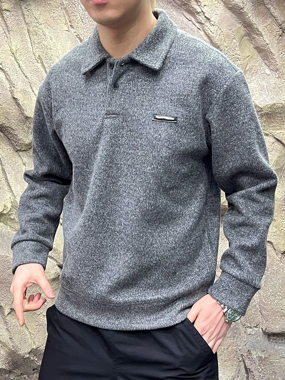 

Ele Men's Knitted Fce-Lined Sweatirt Ultra Fine Fabric Warm Skin-Friendly Stand Collar Versatile Casual Sle Long S...