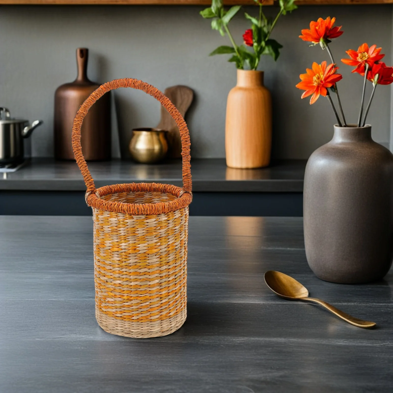 

Handwoven Seagrass Cylinder Basket Storage with Handles Tall Organizer Decorative for Wine Bottle Home Woven Basket with Handles