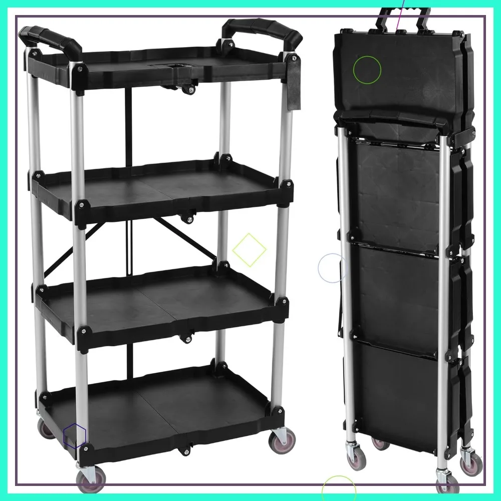 Zusammenklappbarer Mehrzweckwagen mit 4 Regalen und Rädern, robuster tragbarer Trolley für den Heimgebrauch im Büro, im Lager