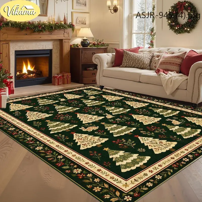 VIKAMA Christmas Living Room Area Rug Green Christmas Tree Print Crystal Velvet Carpet For Home Floor Decor