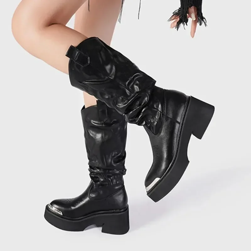 

Luxury Brand Motorcycle Women's Calf Boots Platform Chunky High Heels Goth Metal Punk Shoes for Women Winter Comfy Design Boots