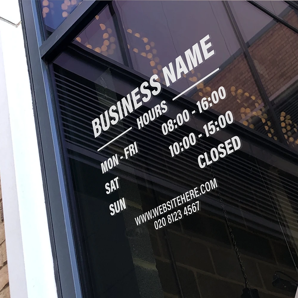 OPENING HOURS with custom business name | Shop Owner Open Closed Window Door Vinyl Sticker Decal