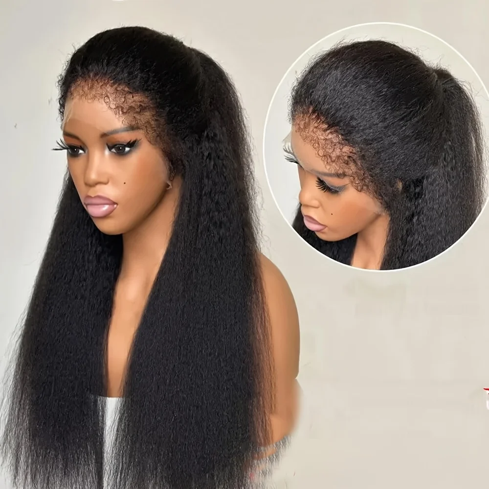 

26Inch Soft Yaki Preplucked Natural Black 180Density Kinky Straight 13x4 Lace Front Wig Synthetic Baby Hair Glueless Daily