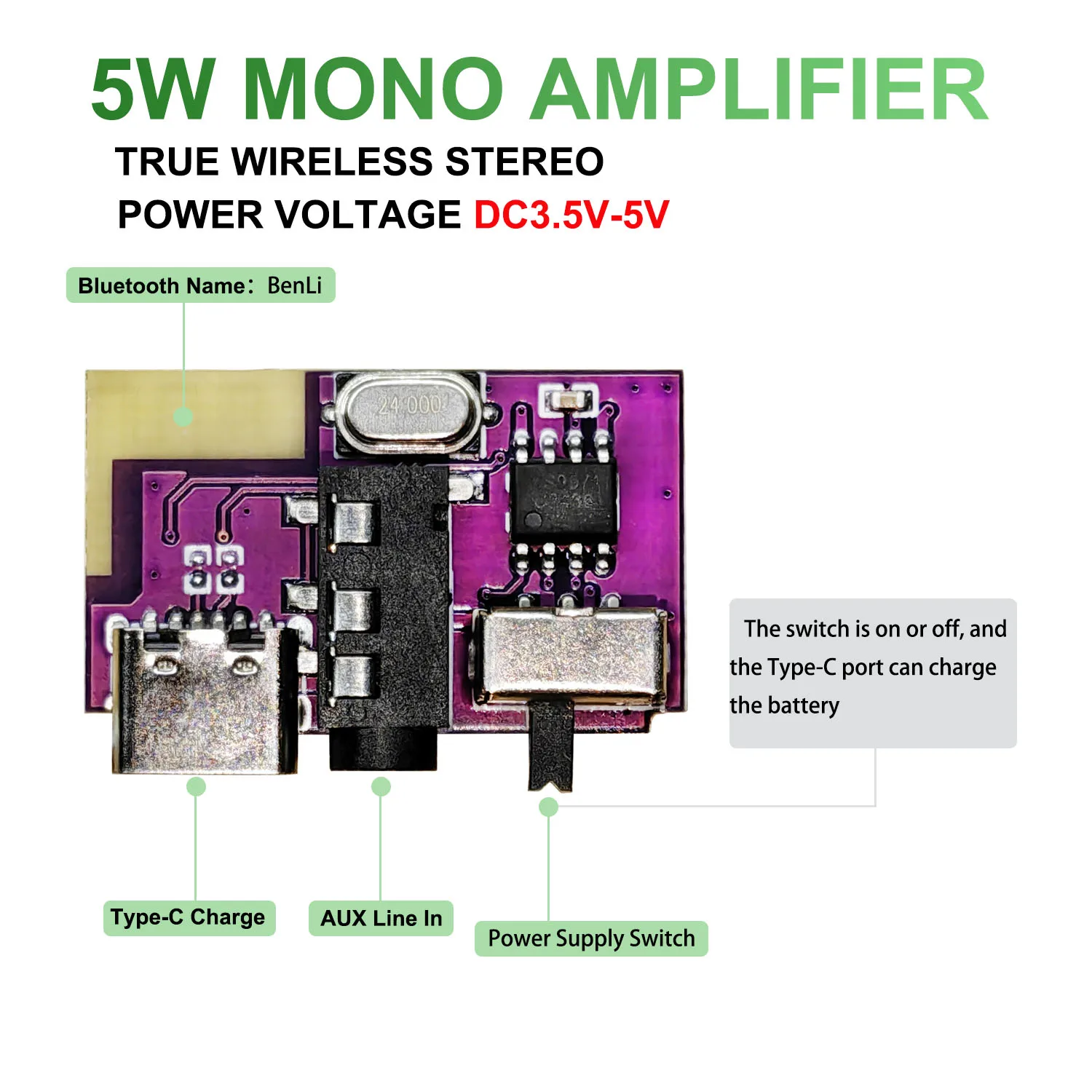 DC 3.5V-5V 5W Bluetooth 5.4 Mono Amplifier Decoder Board Music Player TWS 3.5mm AUX Module Receiver DIY Handmade Speaker