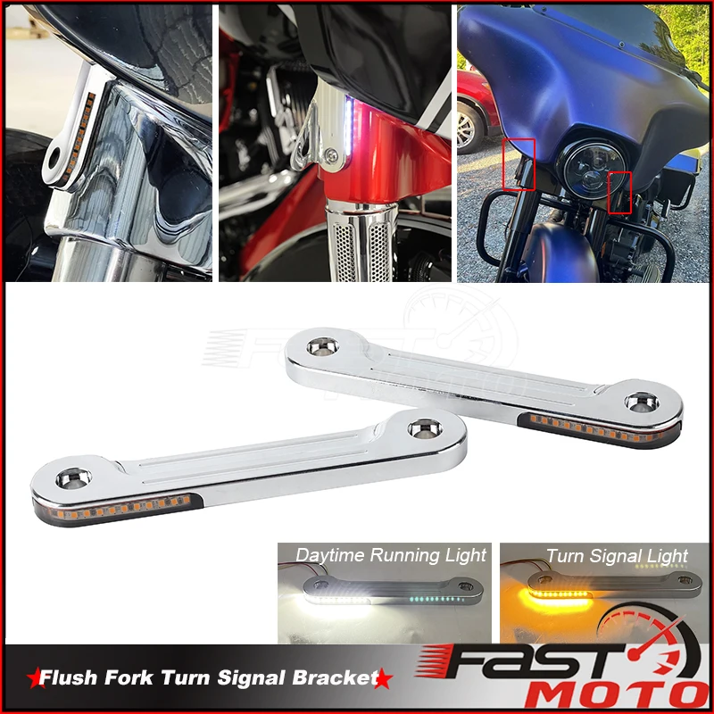 

Chrome LED Flush Fork Turn Signals Brackets for Harley Touring Electra Glide Street Glide 1998-2023 DRL Turn Signal Indicator