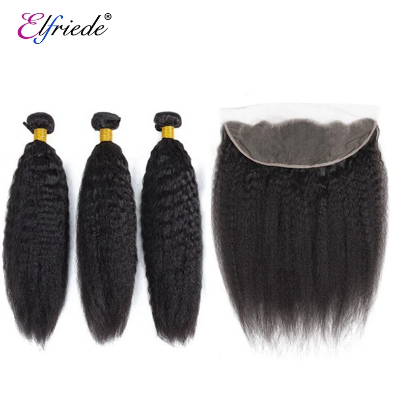 Elfriede Natural Black Kinky Straight Bundles with Frontal 100% Human Hair Weaves 3 Bundles with 13x4 Transparent Lace Frontal