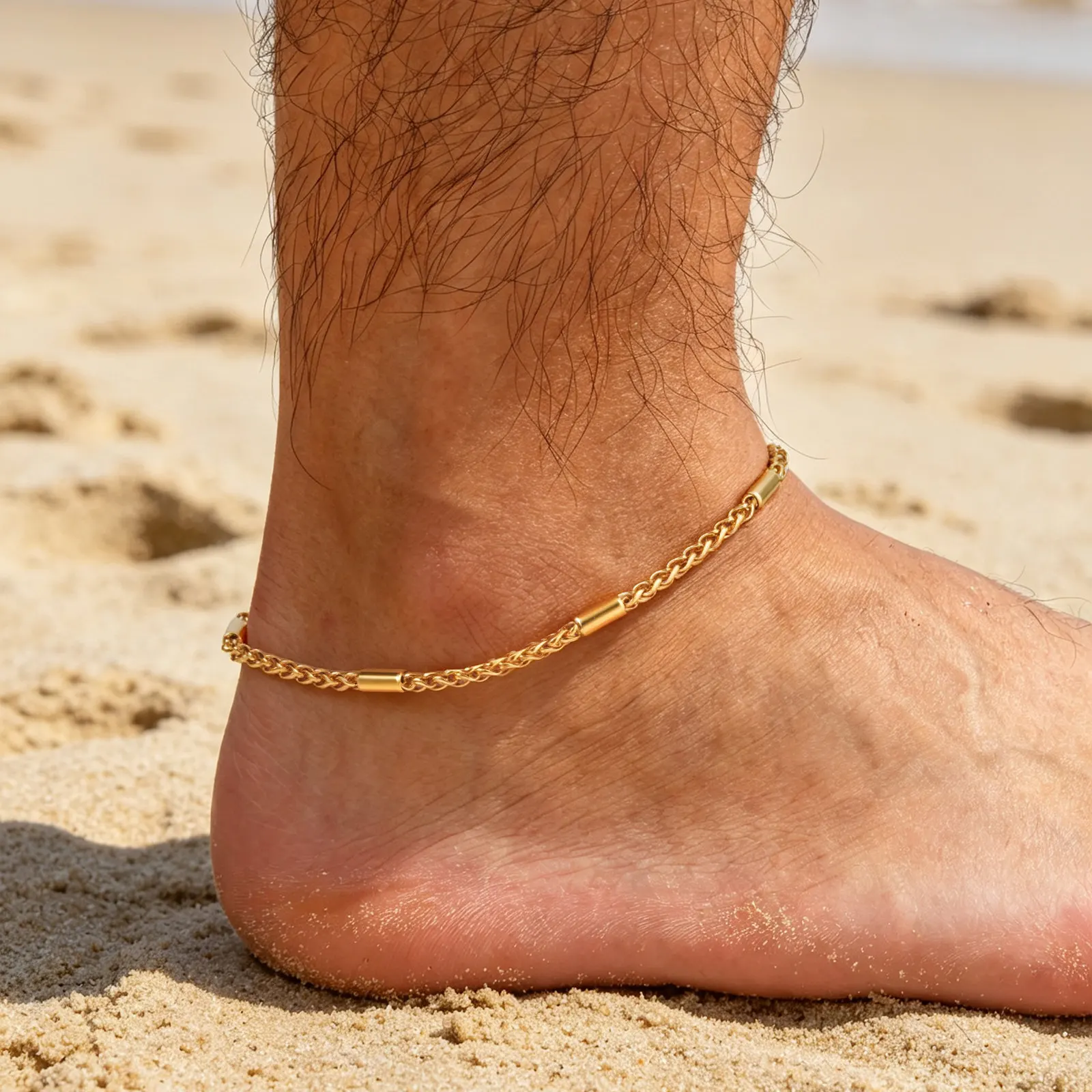 Vnox Edelstahl Fußkettchen in Goldfarbe für Männer, Verstellbare Gliederkette, Wasserdichter Strand-Fußschmuck, Urlaubsgeschenk – Detail 1