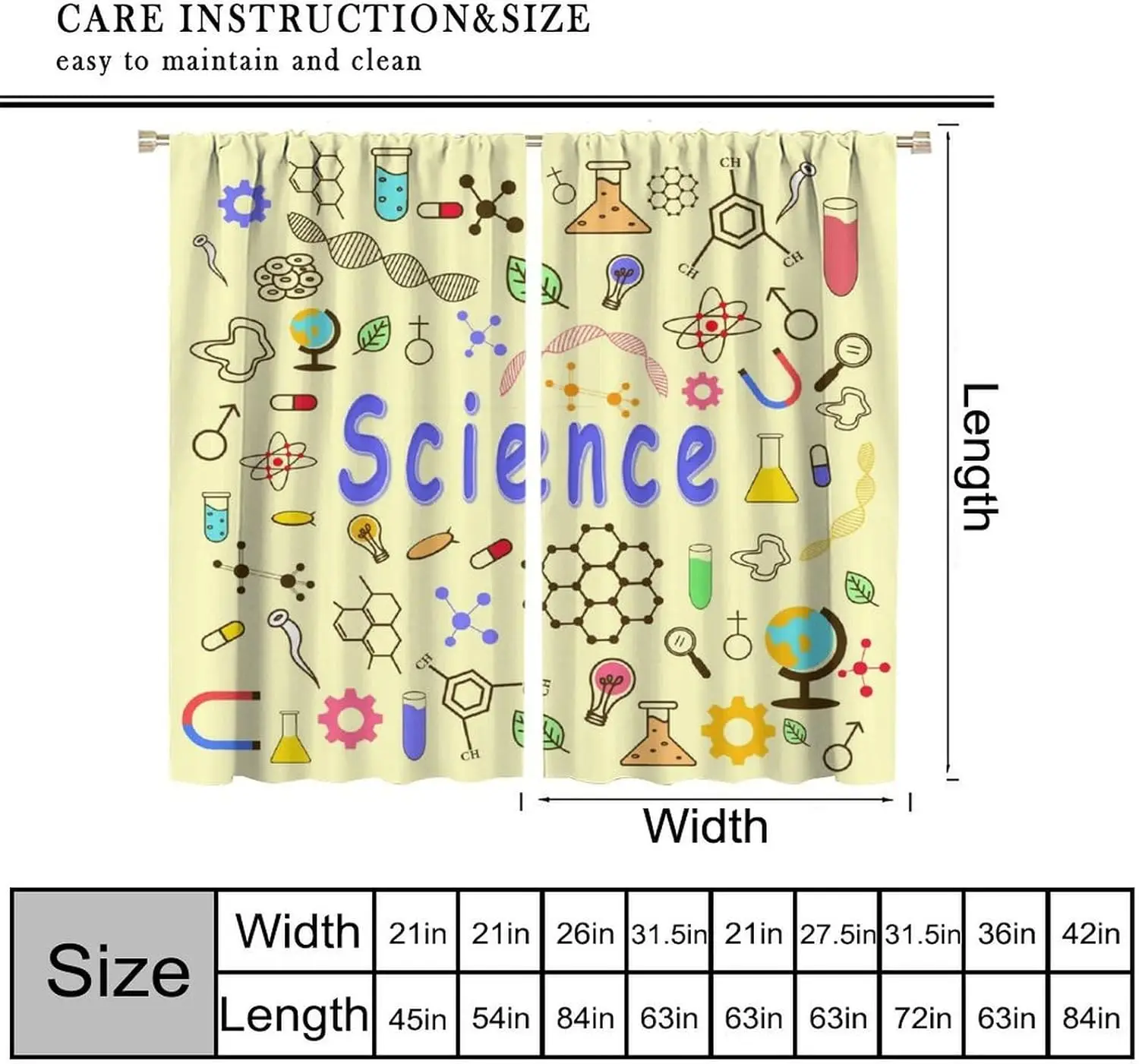 Decorative Science Chemistry Curtain 2pcs Molecular Biology Pattern Window Drapes STEM Educational Classroom Room Decor Gift