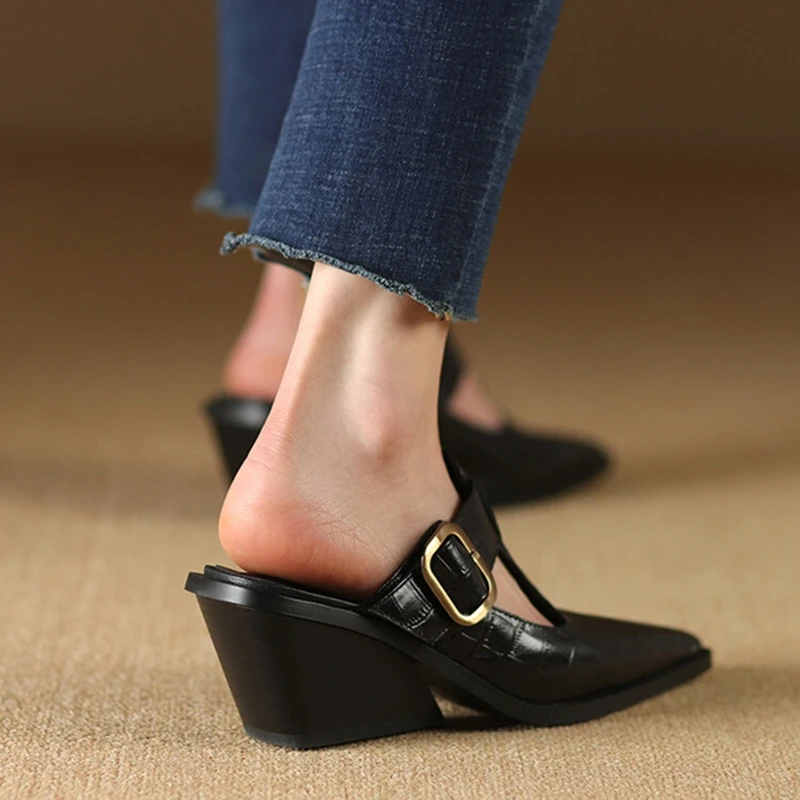 NEW Summer Women Mules Genuine Leather Shoes for Women Cover Toe Wedges Slippers Belt Buckle Pointed Toe Black Women Sandals