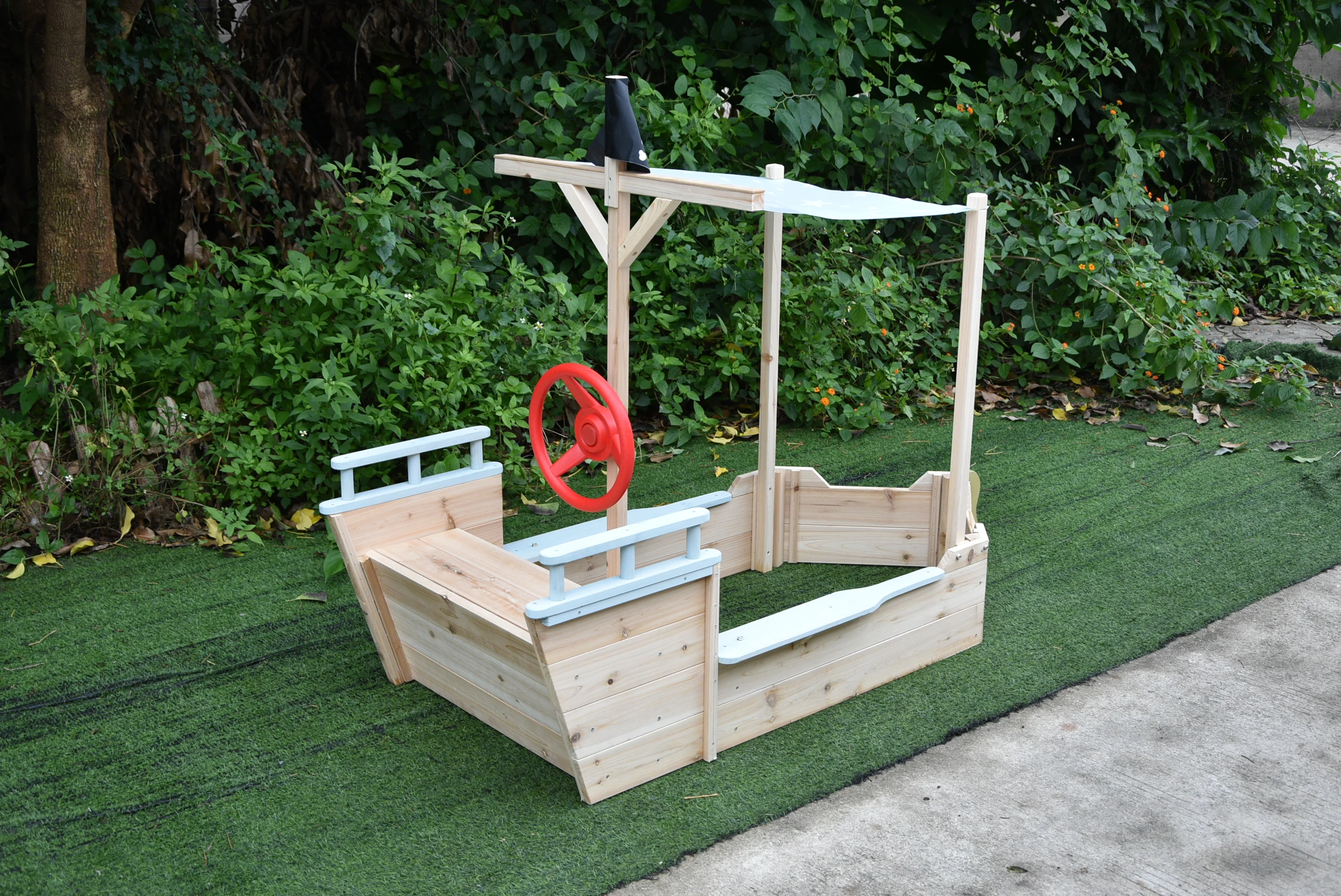 Pirate Ship Sandbox with Cover and Rudder, Wooden Sandbox with Storage Bench and Seat, Wholesale Price