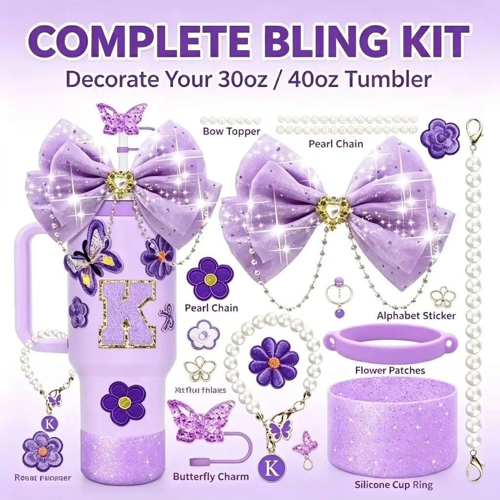Bling Cup Accessories Set for 30oz 40oz Tumblers with Straw Cover Sticker Bow Straw Topper And Pearl Handle Strap - Glittery Tum