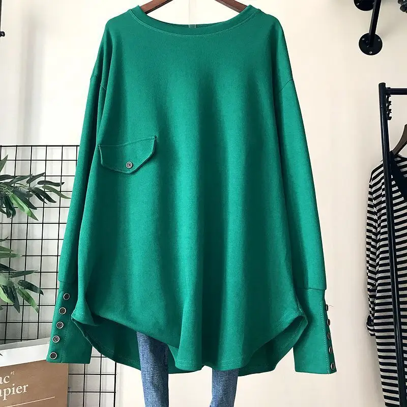 2023 Spring Autumn Solid Color Fashion Round Neck T-Shirts Women High Street Long Sleeve Button Mid-length All-match Pullovers