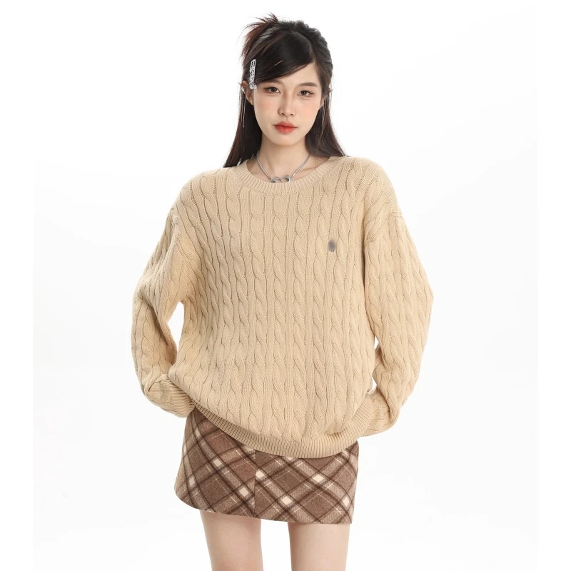 Women Clothing Vintage Knitting Sweater Khaki Round Neck Cotton Long Sleeve Lazy Style Pullover Fashion Female Winter NEW Tops