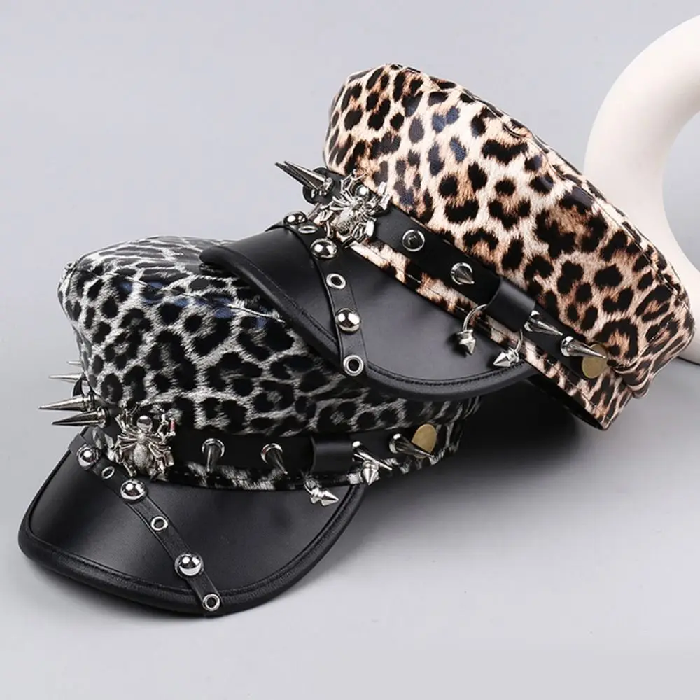 

Vintage Hip-hop Rivet Leopard Hat Harajuku Punk Y2k Beret Hat Personalized Silver Flat Top Cap for Women