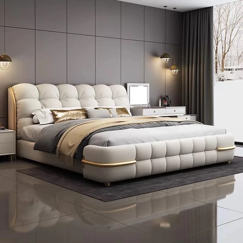 

Wooden bedroom furniture, upholstered bed, full double bed frame, box bed frame, leather material, with storage design