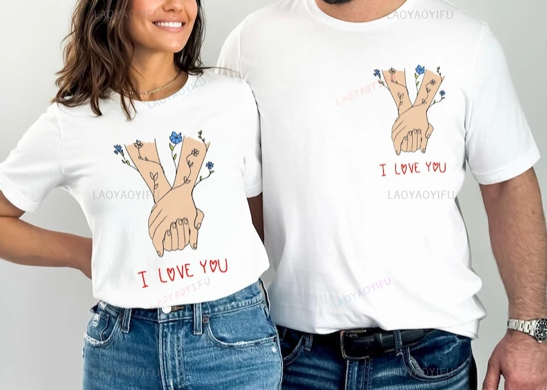 الأيدي المصورة الملونة عيد الحب المطبوعة التي شيرت عيد الحب البلوز زوجين قميص هدية لها هدية لعيد الحب