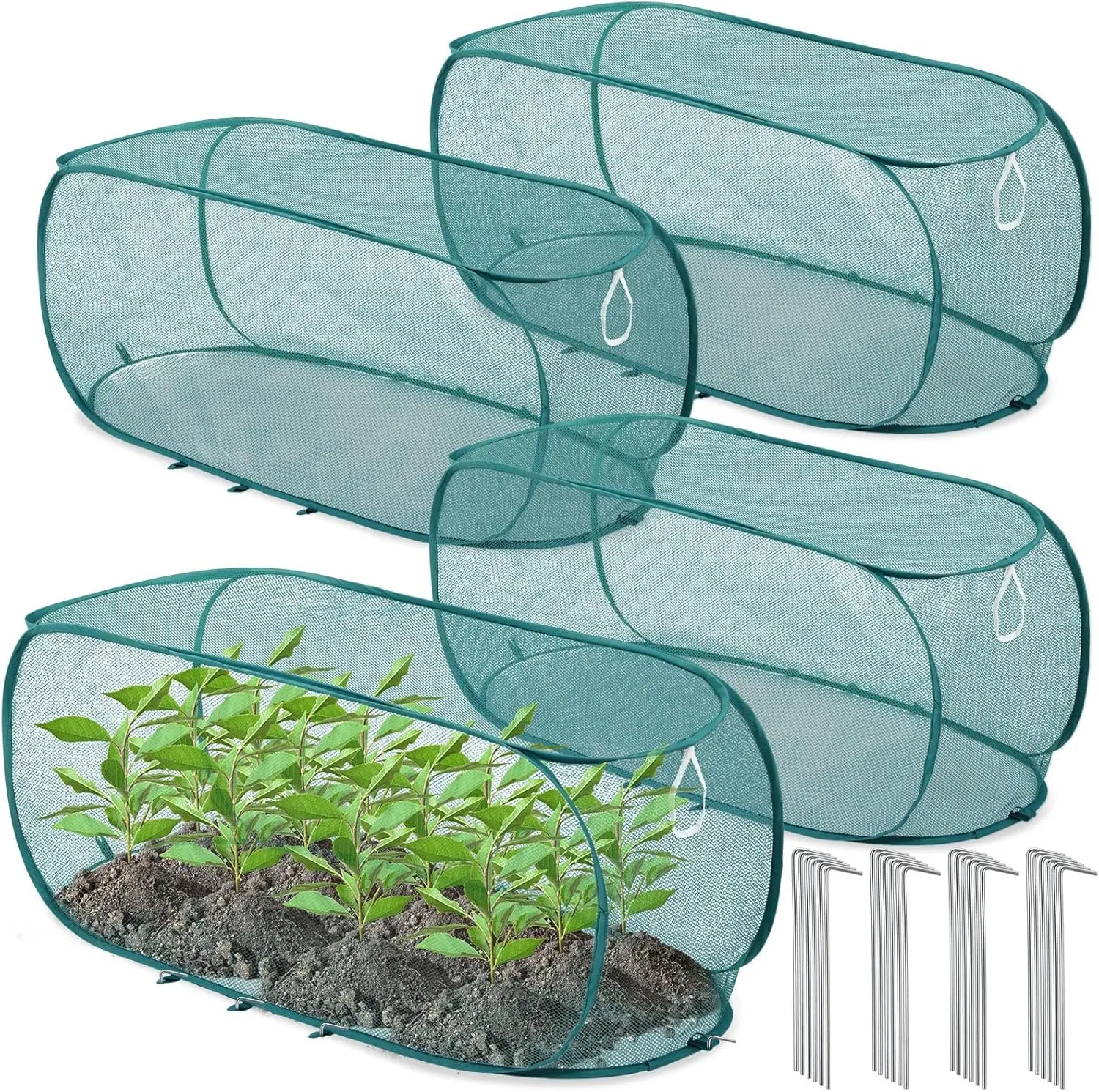 

4-Pack Pop-Up Garden Mesh Plant Cover with Ground Stakes, 39x18x16 Inches, Dark Green for Outdoor Vegetable and Herb Protection