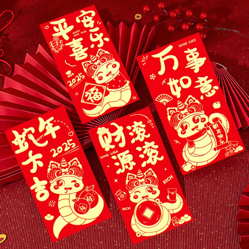 6pcs 2025 Year Of The Snake Cartoon Zodiac New Year Red Envelope Hongbao For Lucky Money Party Gift Money Wrapping Red Packet