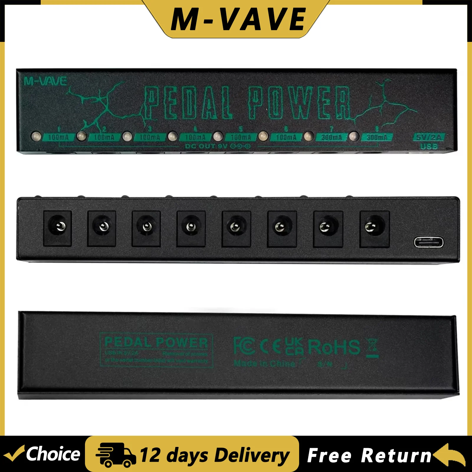 M-VAVE PEDAL POWER Gitarren-Effektpedal Netzteil 10 Isolierte DC-Ausgänge für 9V Effektpedale E-Gitarren Zubehörteile