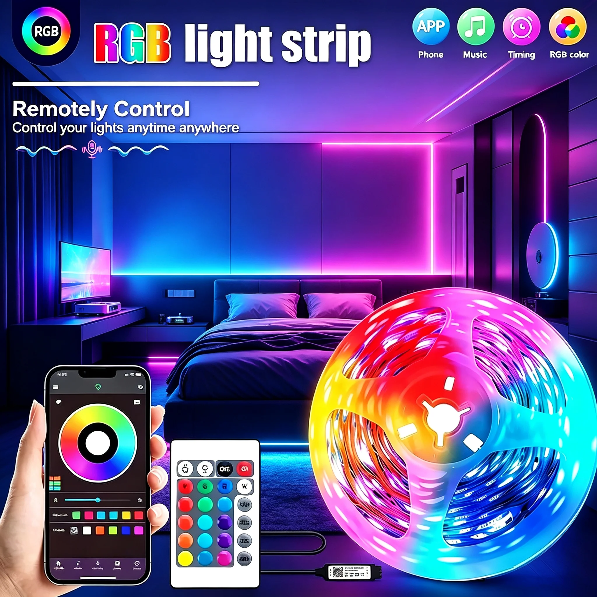 RGB LED Strip Lights, APP Remote Control Music Sync Color Changing Flexible LED Tape Light for TV Backlight Bedroom Home Party