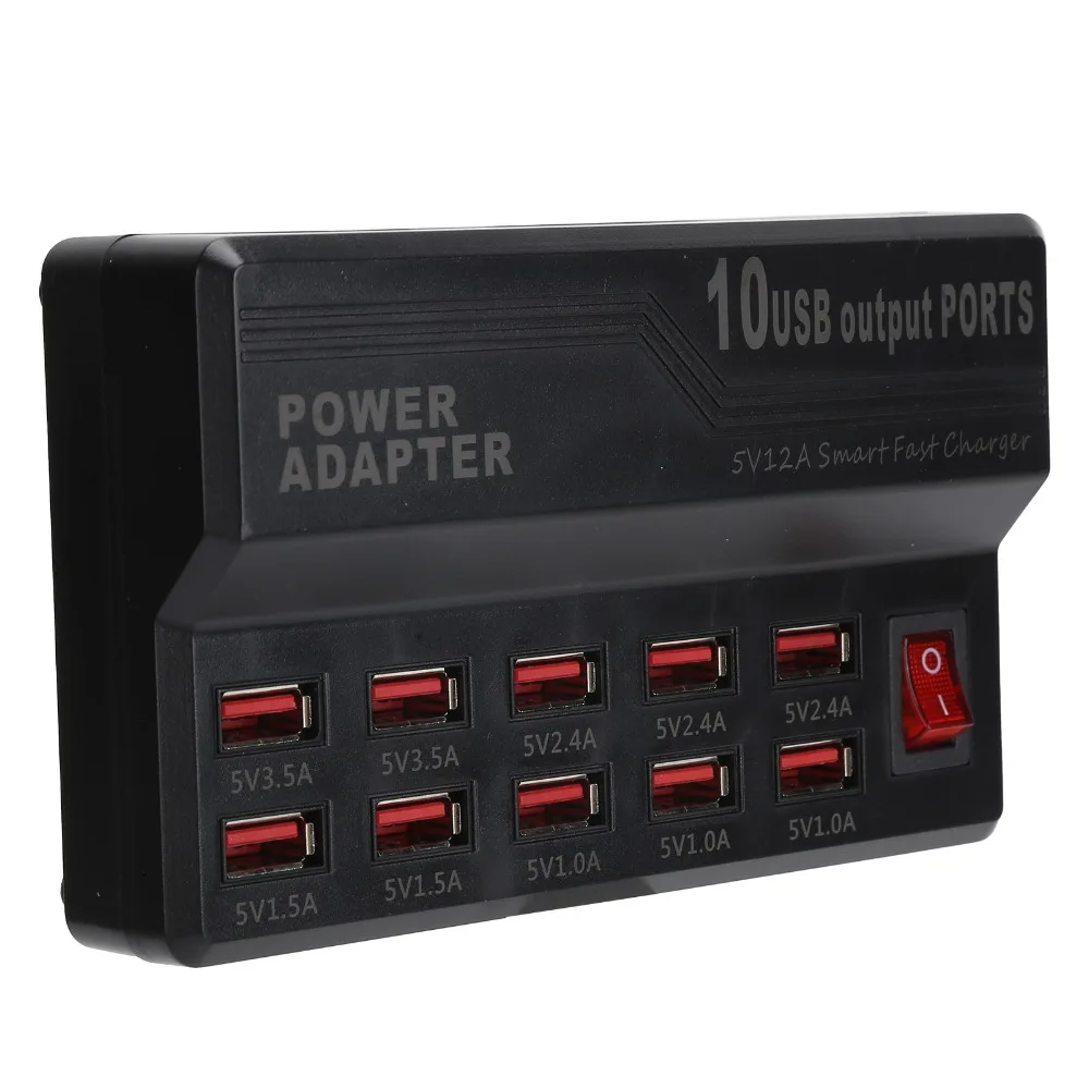 Universal 12A Power USB Smart Charger 10-Ports 60W Power Multi Ports Charger Fast Charging USB Charging Station Travel