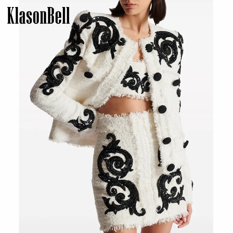 8.3 KlasonBell Women Fashion Elegant Sequin Embroidery Beading Print O-Neck Pocket Jacket Or Back Zipper Short Skirt Tweed Set