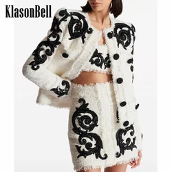 8.3 KlasonBell Women Fashion Elegant Sequin Embroidery Beading Print O-Neck Pocket Jacket Or Back Zipper Short Skirt Tweed Set