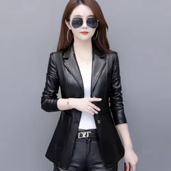 Spring Autumn Genuine Leather Jacket Women Short Overcoat Korean Elegant Slim Suit Collar Casual Sheepskin Jacket Female Outwear