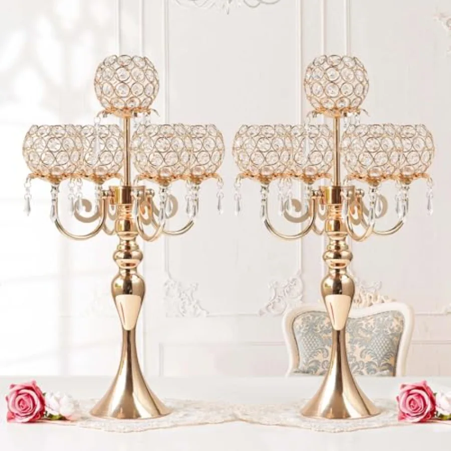 

Pcs Elegant 5-Arm Tea Light Crystal Candle Holder with Pendant Chain and Round Crystal Bowl -.5 Inch Tall Wedding Table Centerp