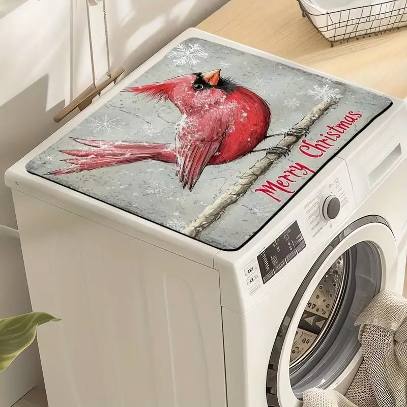 VIKAMA Red Cardinal Bird Christmas Winter Branch Washing Machine Top Cover Mat Vintage Farmhouse Xmas Dustproof Washer Dryer Pad