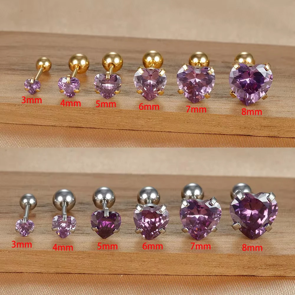 1PC Heart Stianless Steel Ear Studs Purple Crystal Stud Earrings 3-8mm Screw-Back Gold Color Cartilage Earrings Piercing Jewelry