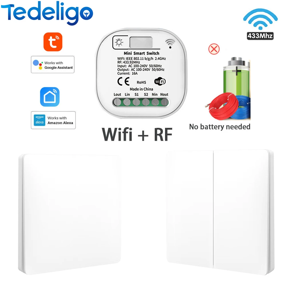 Tuya bezprzewodowy inteligentny włącznik światła Wi-Fi samozasilający się przycisk przełącznik ścienny bez baterii kontroler 433Mhz 220V 16A przerywacz Alexa