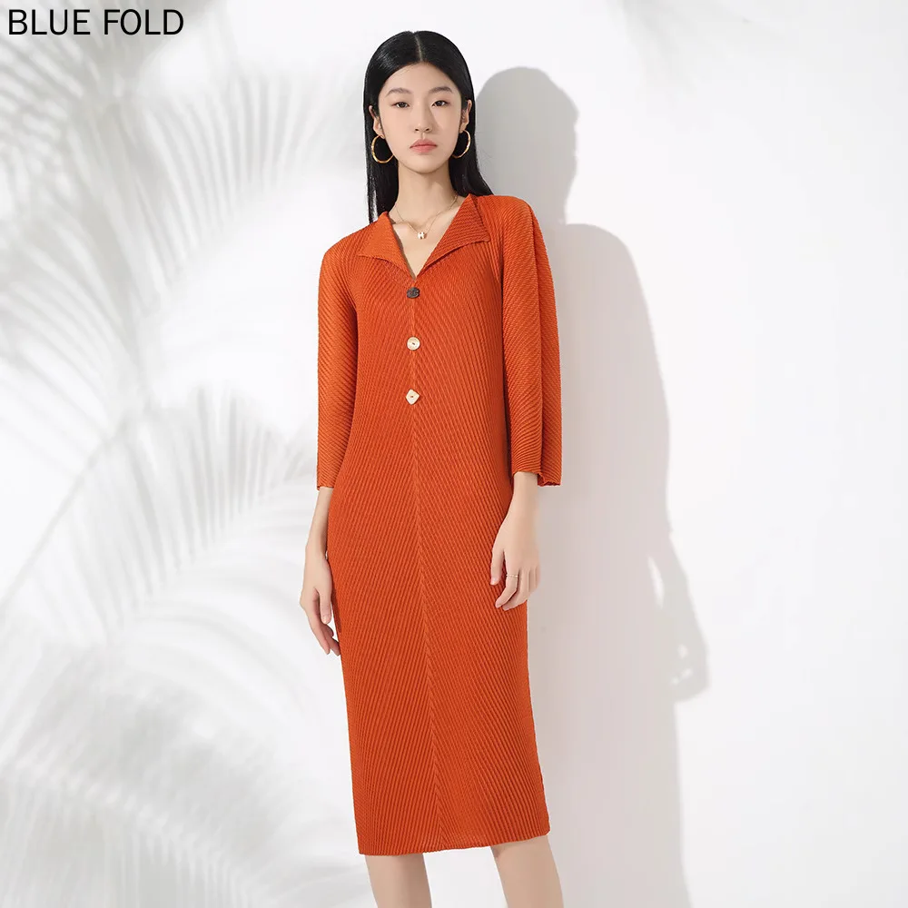 Half-open Collar Pleated Dress Women's MIYAKE PLEATS Three-quarter Sleeve Loose Large Size Fish Scale Pleated Mid-length