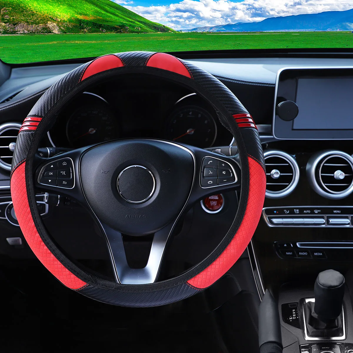 3 Sets Kleine Monster Carbonfaser-Leder-Auto-Lenkradabdeckung ohne Innenring, Handbremsenabdeckung, Autozubehör – Detail 2