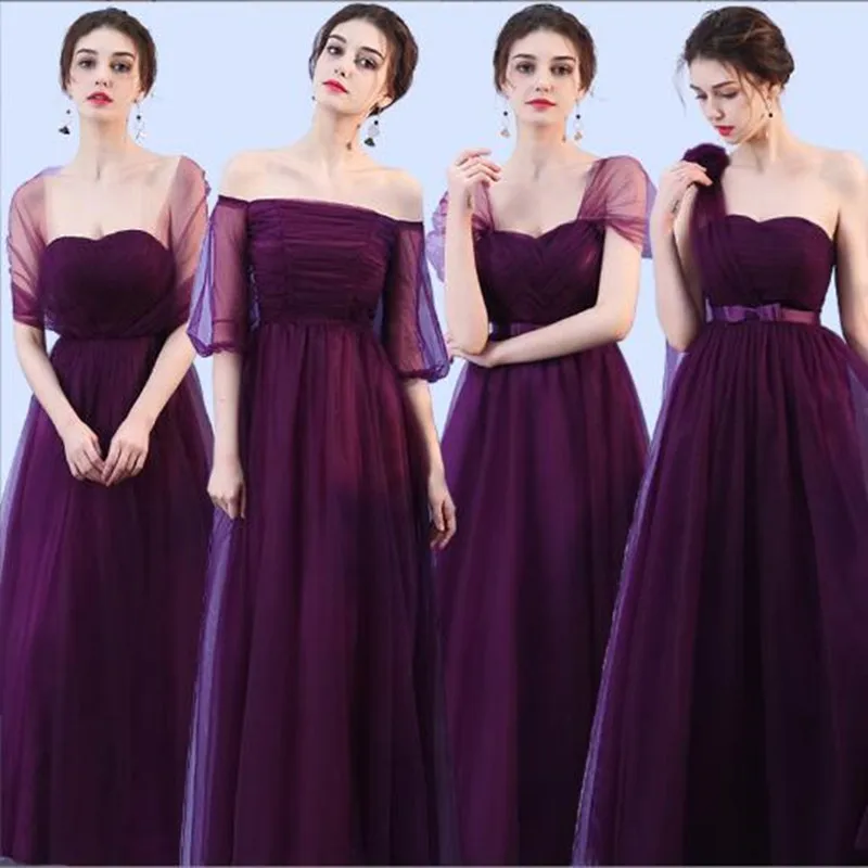 Purple A-Line Sleeveless Bridesmaid Dresses Floor-Length Simple Tulle Long Vestidos Bridesmaid Skirt  Prom Gown