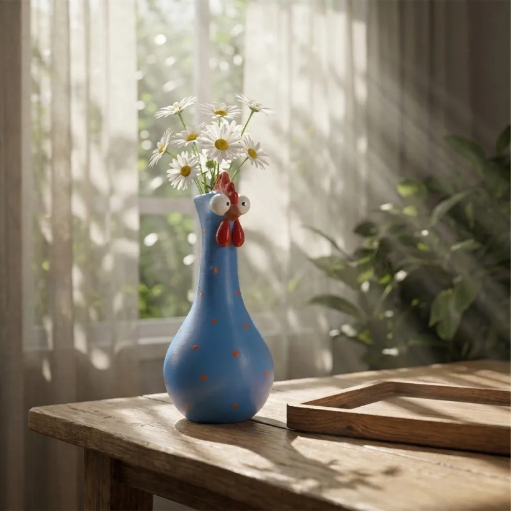 Colorful Dot Long Neck Chicken Vases Lifelike Cartoon Flower Vase Ornament Funny Smooth Waterproof Rooster Sculpture Vase