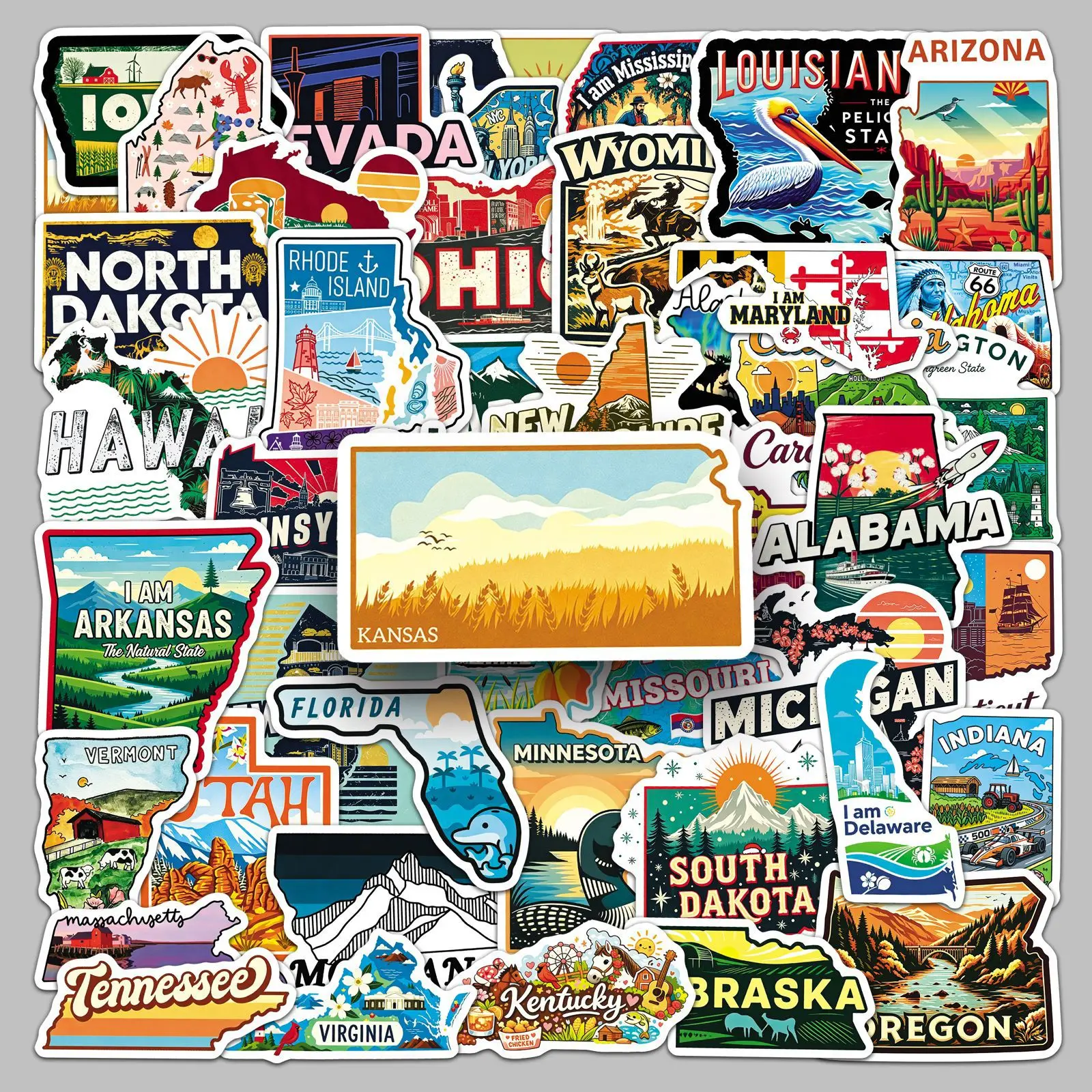 

50pcs Vintage USA 50 States Phone Stickers Pack Scenery Mini Decals Retro State Landscape Travel Sticker Set Luggage Phone Case