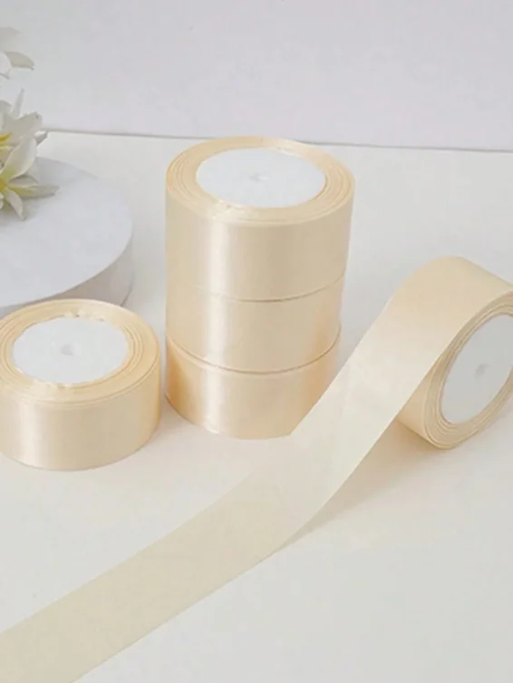 Champagne Cream Solid Color Satin Ribbon Roll Smooth Glossy Gift Wrapping Ribbon for Wedding Bouquet Cake DIY Craft Decor