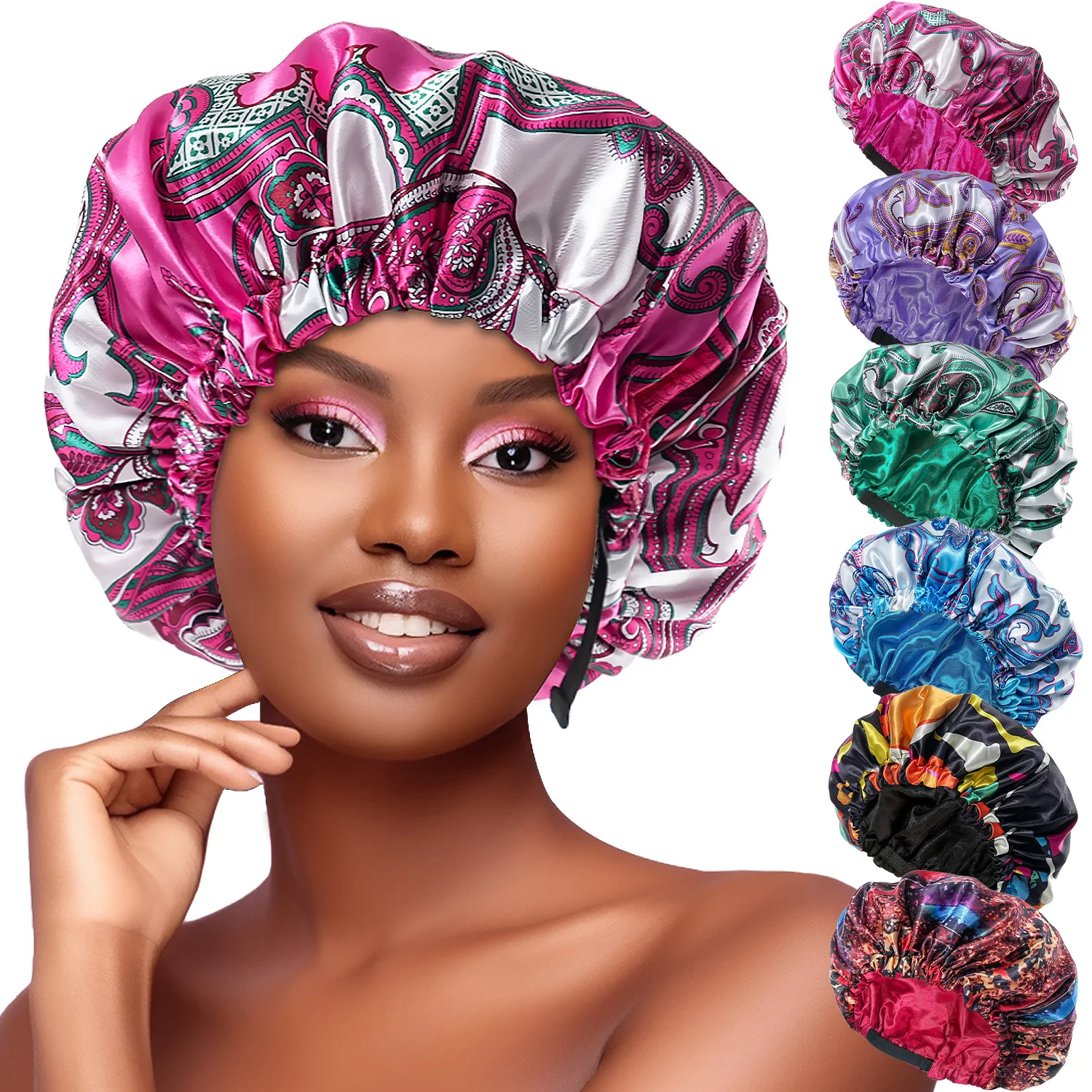 Wholesale Women Large Double Layer Satin Elastic Band Sleep Bonnet Ankara Head Wrap Cap Print Lady Head Cover Turban