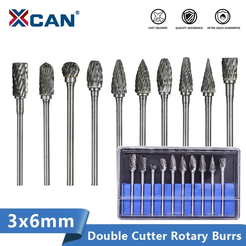 XCAN Double Cut Rotary Burrs 3x6mm Tungsten Carbide Rotary File Milling Cutter for Dremel Rotary Tools