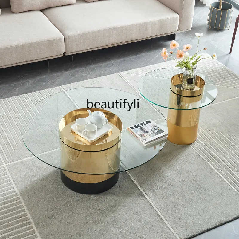 Italian Light Luxury Tempered Glass Coffee Table Living Room round Metal Tea Table Side Table Size Nested Tables