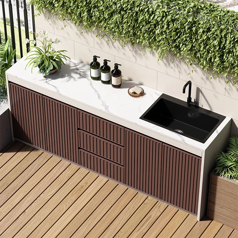 

Outdoor washbasin courtyard all-aluminum alloy rock slab sink integrated garden imitation stone operation basin locker
