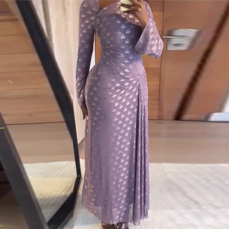 Vestido de manga larga con cuello Diagonal para mujer, vestido largo plisado ajustado con estampado de lazo y cintura alta para ir al trabajo, primavera