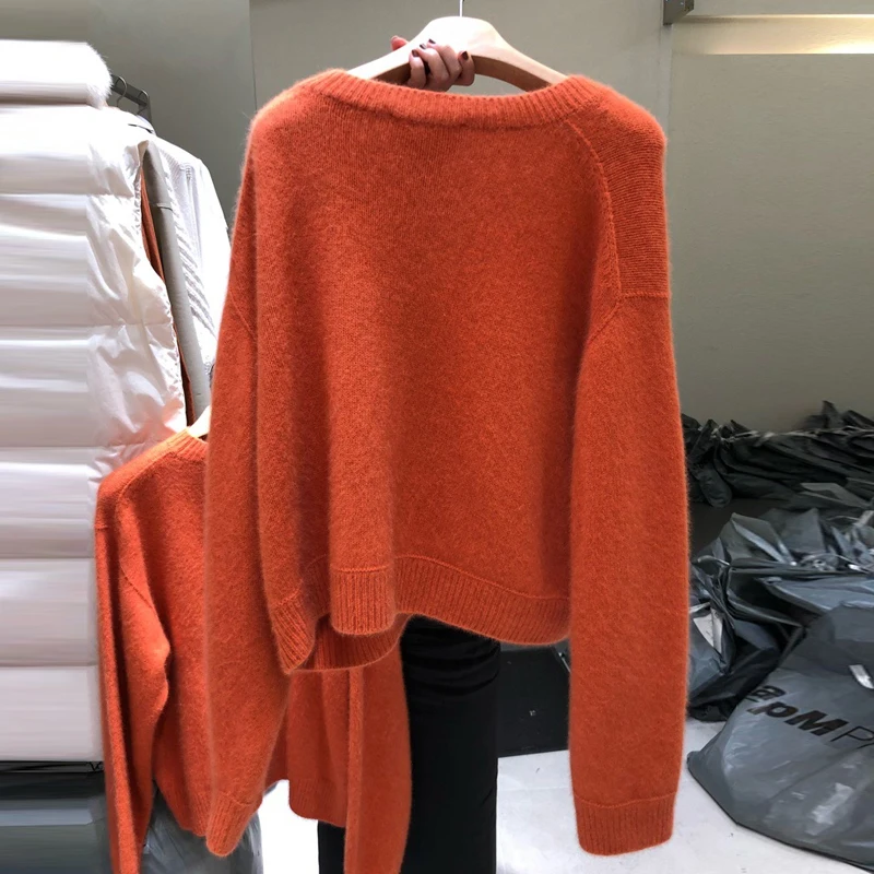 Women\'s Orange Fleece Knitted Sweater, V-Neck Cardigan, Button, Long-Sleeved, Casual Female Outwear Coats, Winter Tops