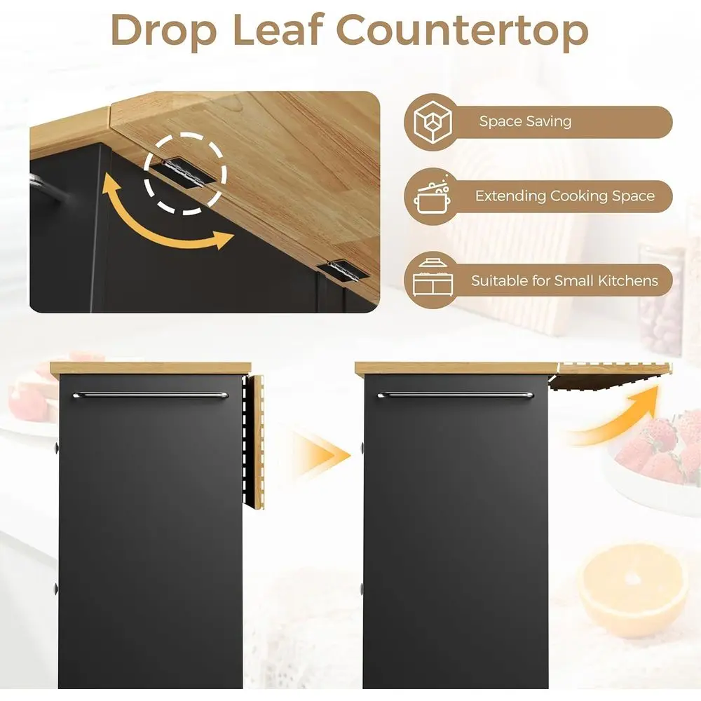 عربة جزيرة المطبخ المحمولة مع أدراج وخزانة، عربة أدوات دوارة لتناول الطعام والخدمة، باللون الأسود #5