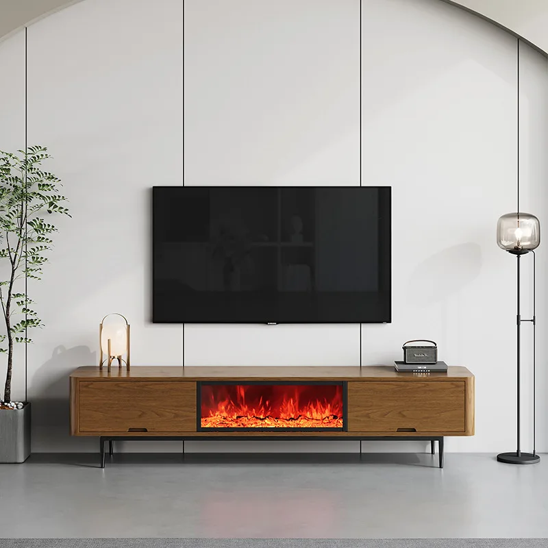 Walnut retro style embedded fireplace floor-to-ceiling TV cabinet simulated flame fake fire electronic stove decorative floor ca