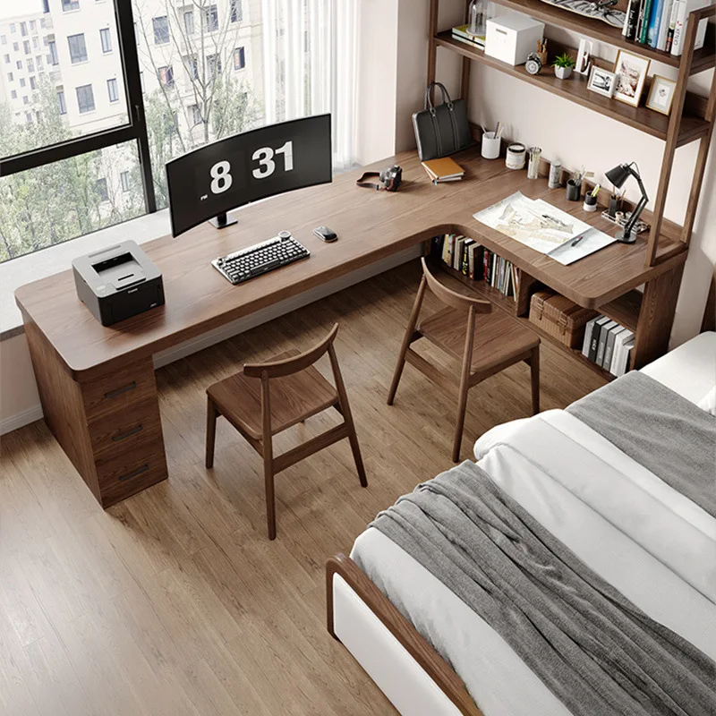 Double solid wood corner desk bookshelf integrated l-shaped computer desk corner long