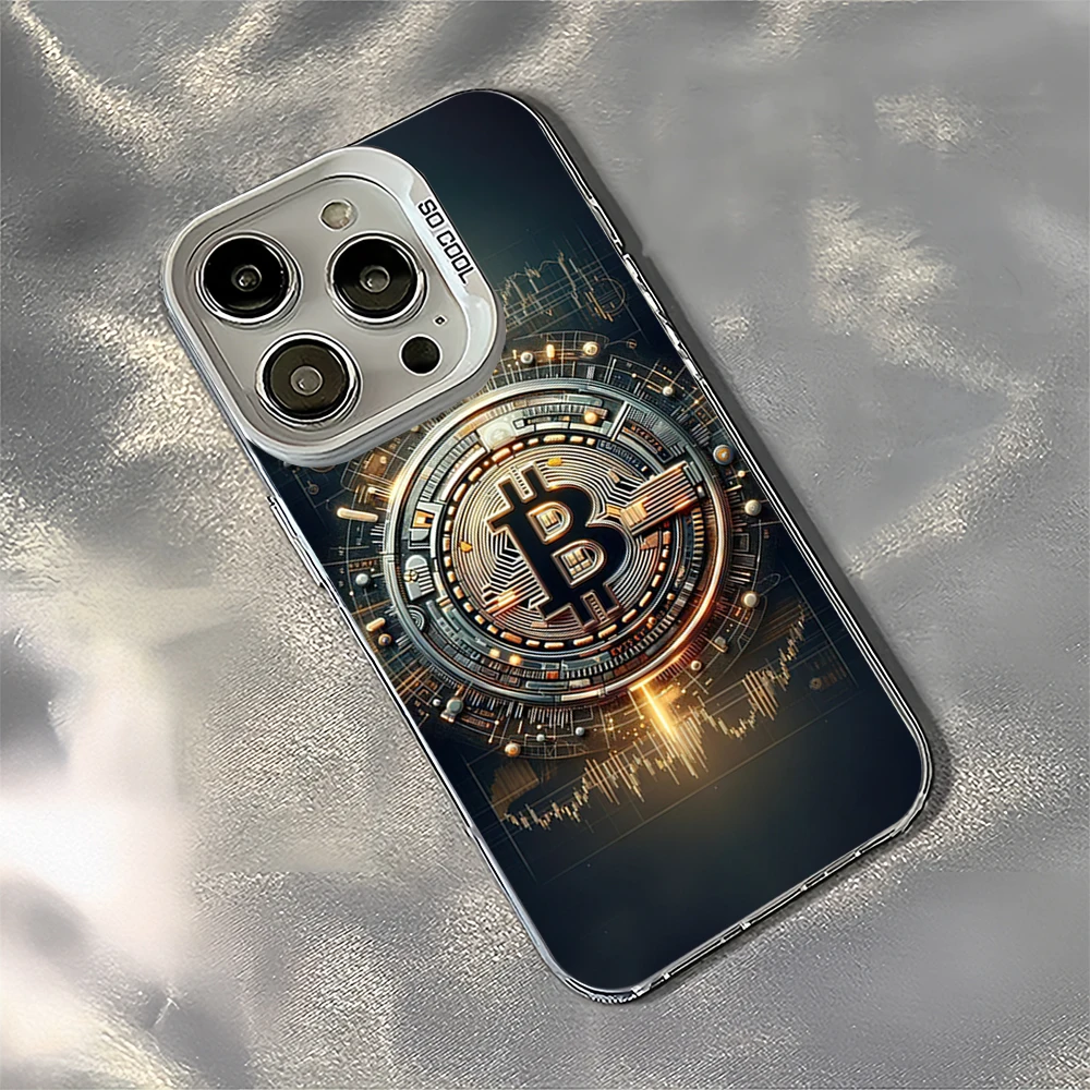 Fashion Luxury B-Bitcoin B Laser Phone Case for iPhone 12 11 13 14 15 16 Max Pro Plus IMD Shockproof Silicone Coque